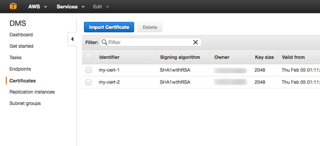 AWS Database Migration Service SSL 인증서 관리