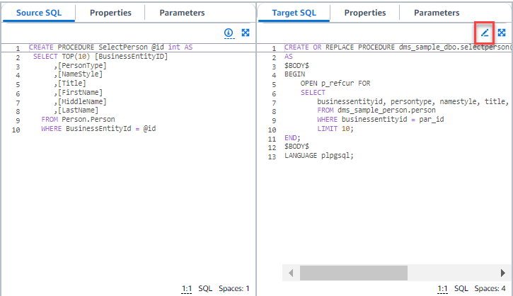 스키마 변환: 대상 편집 SQL