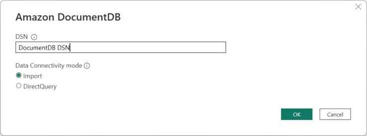 Amazon DocumentDB configuration dialog with DSN field and Import/DirectQuery options.