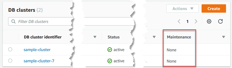 클러스터에 대한 유지 관리 열을 보여주는 Amazon DocumentDB 콘솔