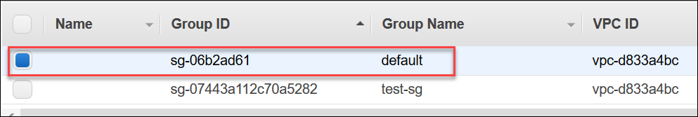 이미지: 상자가 선택된 하나의 보안 그룹을 강조 표시하는 보안 그룹 목록입니다.