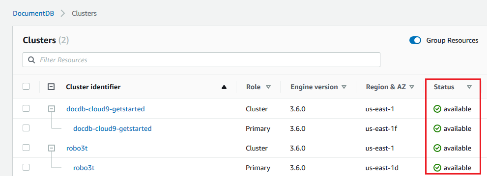 Clusters table showing two clusters with their details and status as available.