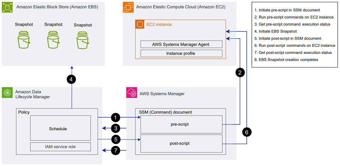 Amazon Data Lifecycle Manager 사전 및 사후 스크립트 프로세스 흐름