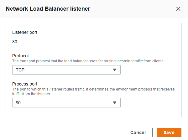 Network Load Balancer 리스너 대화 상자