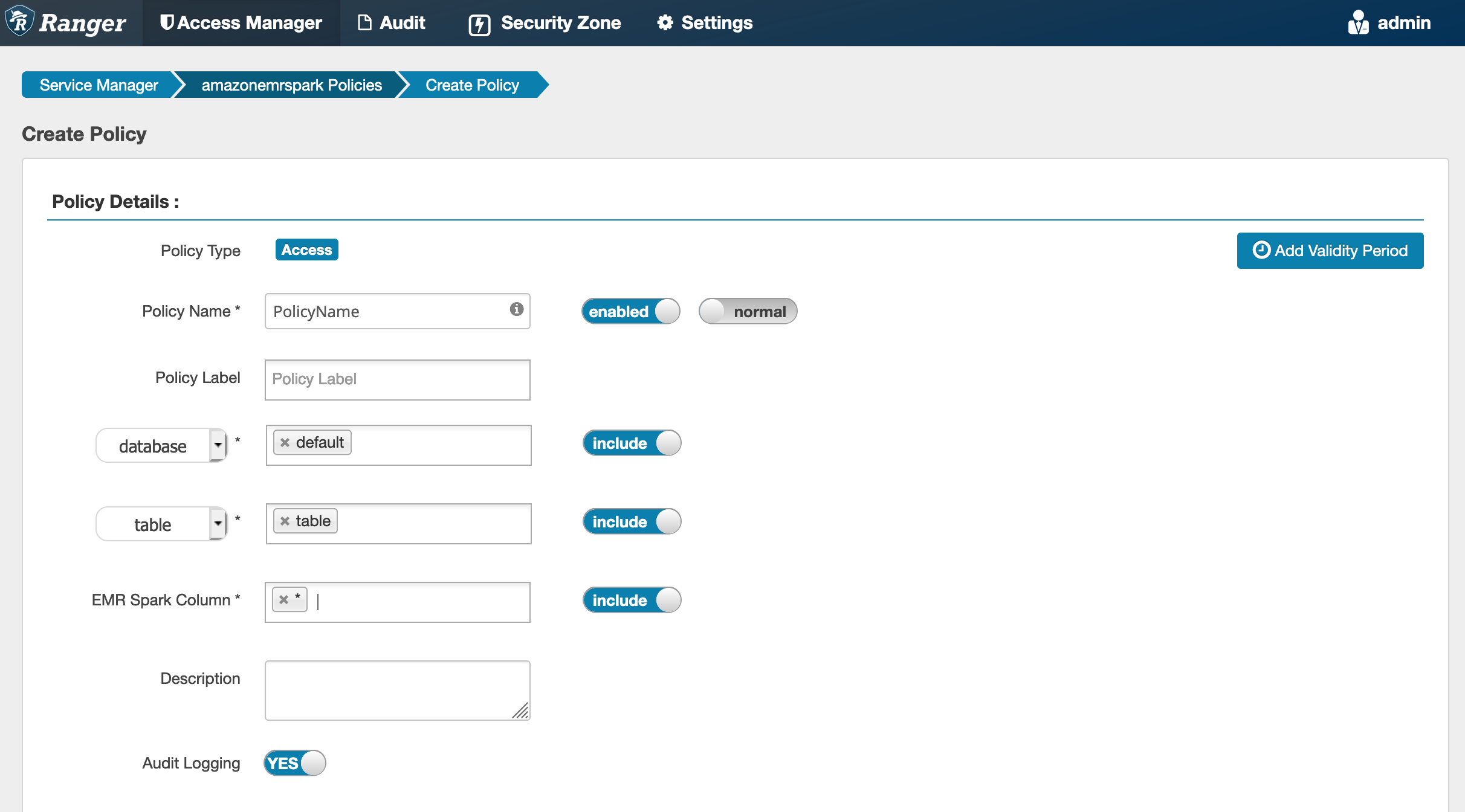 Ranger Admin은 SparkSQL 정책 세부 정보를 생성합니다.