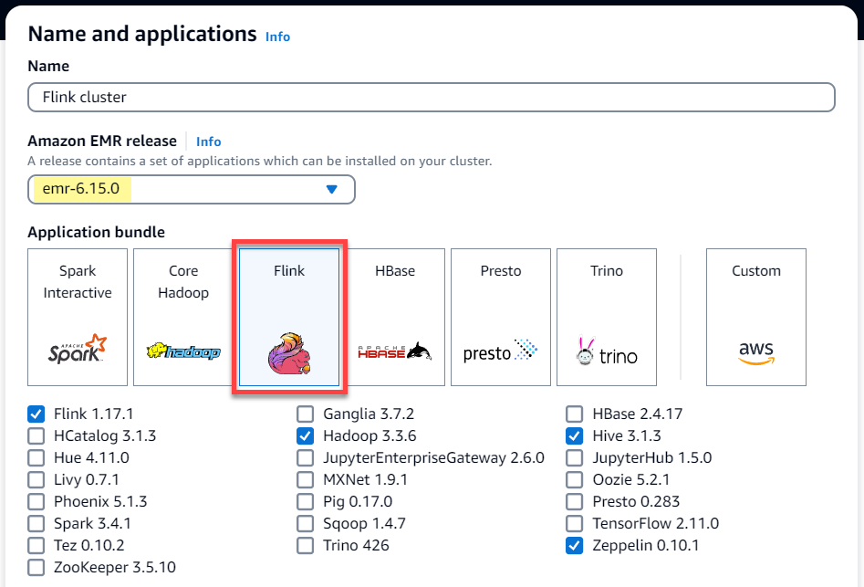 Application bundle options for Amazon EMR클러스터, with Flink highlighted and selected.