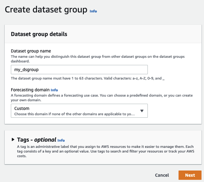 Dataset group creation form with name field and forecasting domain dropdown.