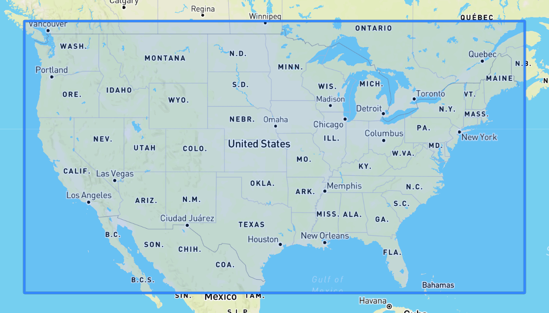 Map of North America showing United States, parts of Canada and Mexico with major cities.