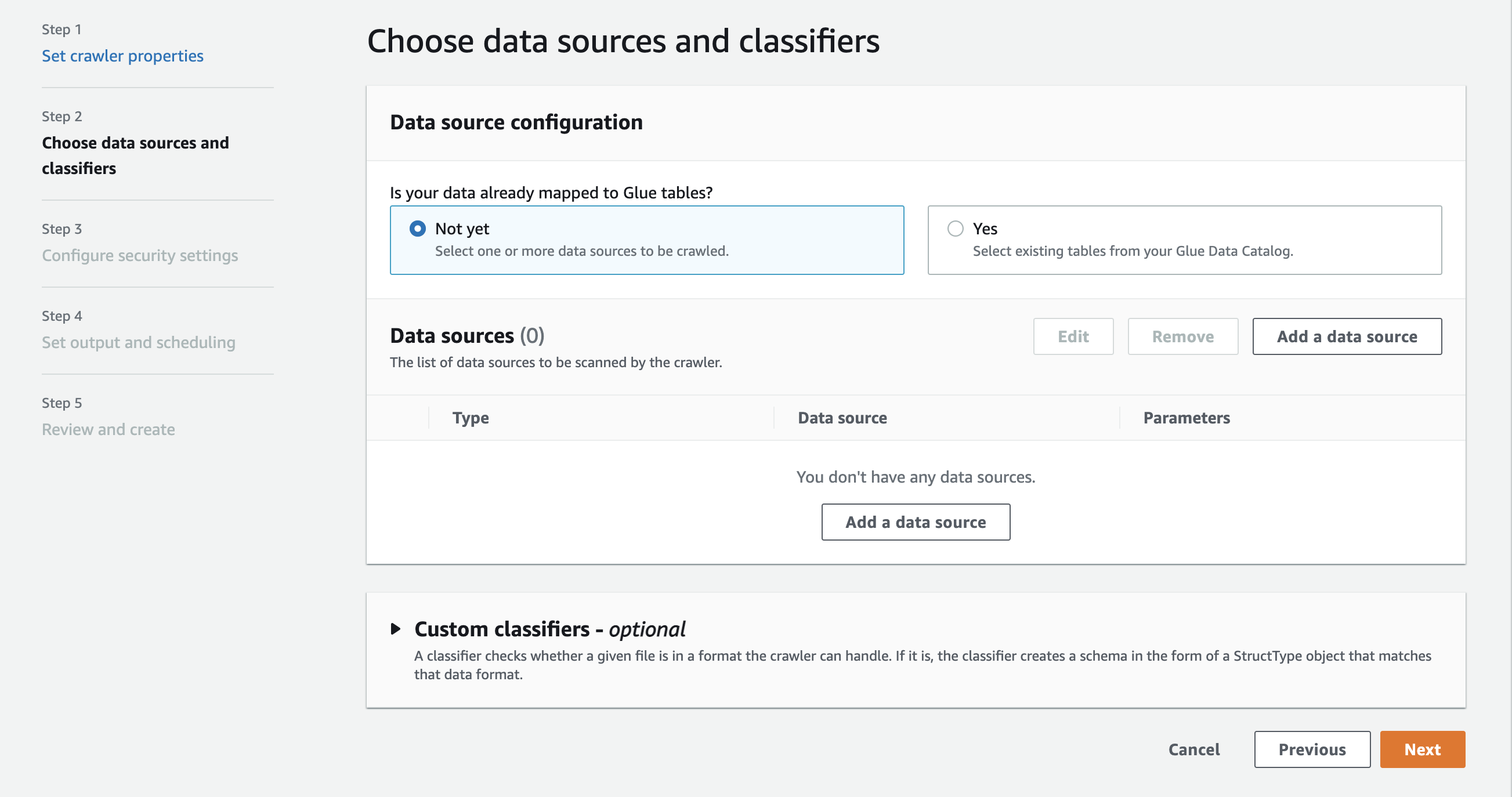 Data source configuration interface with options to select or add data sources for crawling.