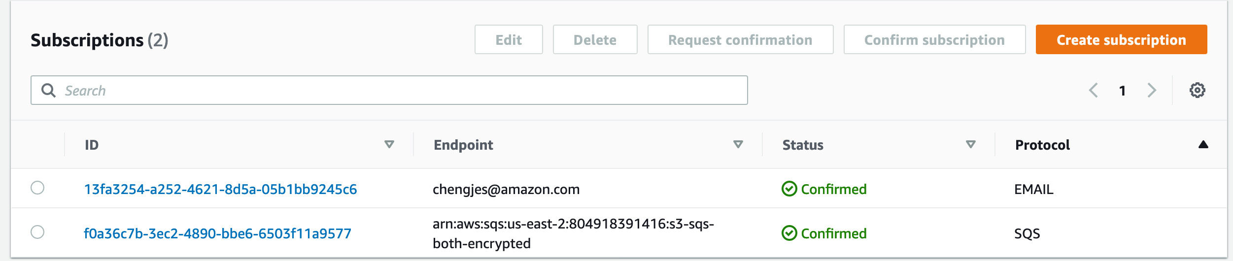 Subscriptions table showing two confirmed entries with ID, Endpoint, Status, and Protocol columns.