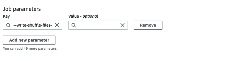 Job parameters interface showing --write-shuffle-files- parameter and option to add more.