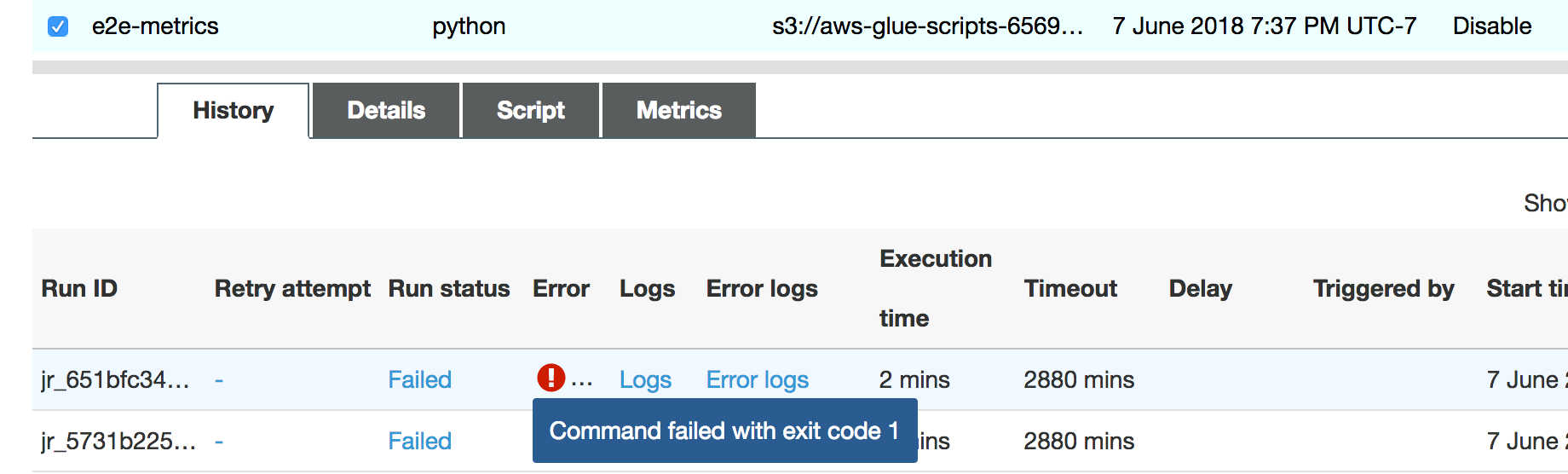 AWS Glue 콘솔에 표시된 오류 메시지입니다.