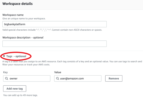 Workspace details form with name field and optional tags section highlighted.