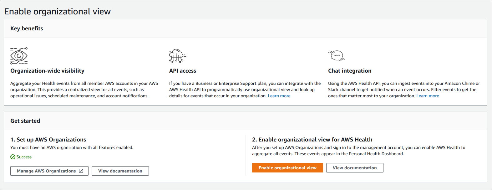 AWS Health 콘솔의 조직 보기 사용 설정 페이지 스크린샷입니다.