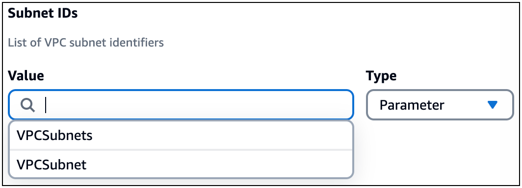 Lambda 함수 카드에 대한 서브넷 ID 필드의 파라미터 유형에 제공되는 값의 드롭다운 목록입니다.