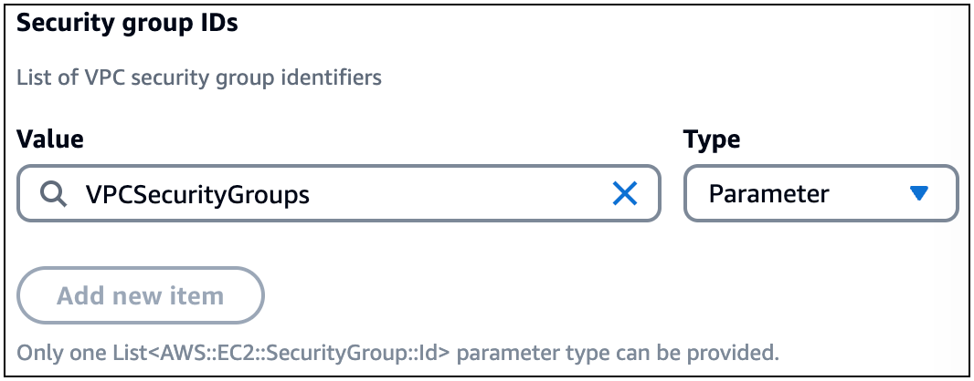 Lambda 함수 카드의 보안 그룹 ID 필드의 파라미터 유형에 제공VPCSecurityGroups되고 있는 라는 파라미터 유형을 나열합니다.