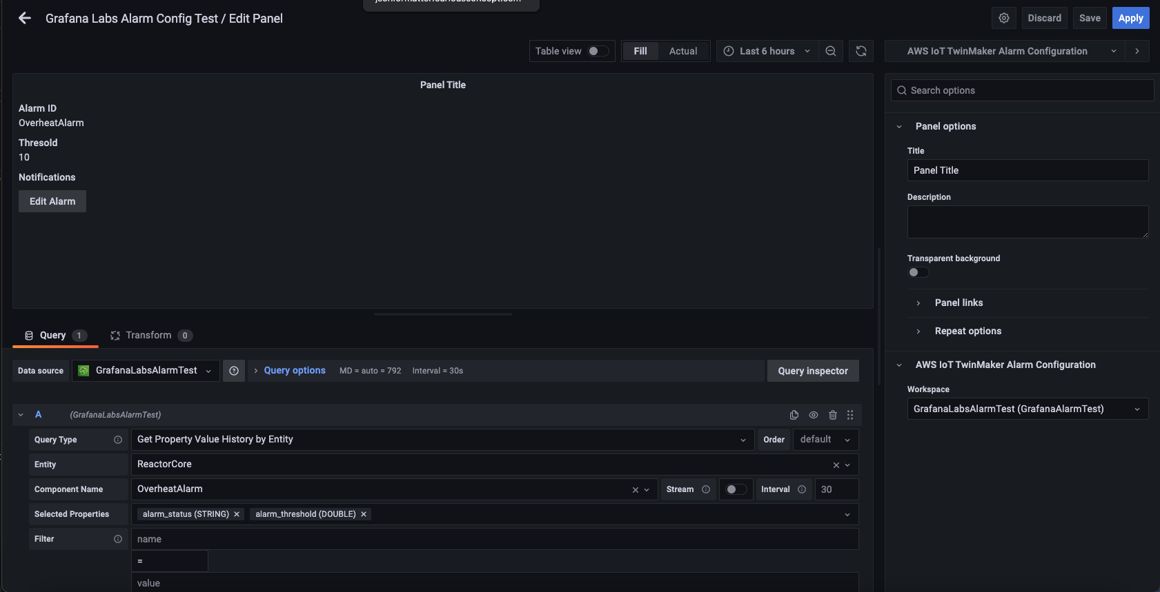 전체 구성이 채워진 Grafana Labs 알람 구성 테스트/편집 패널.