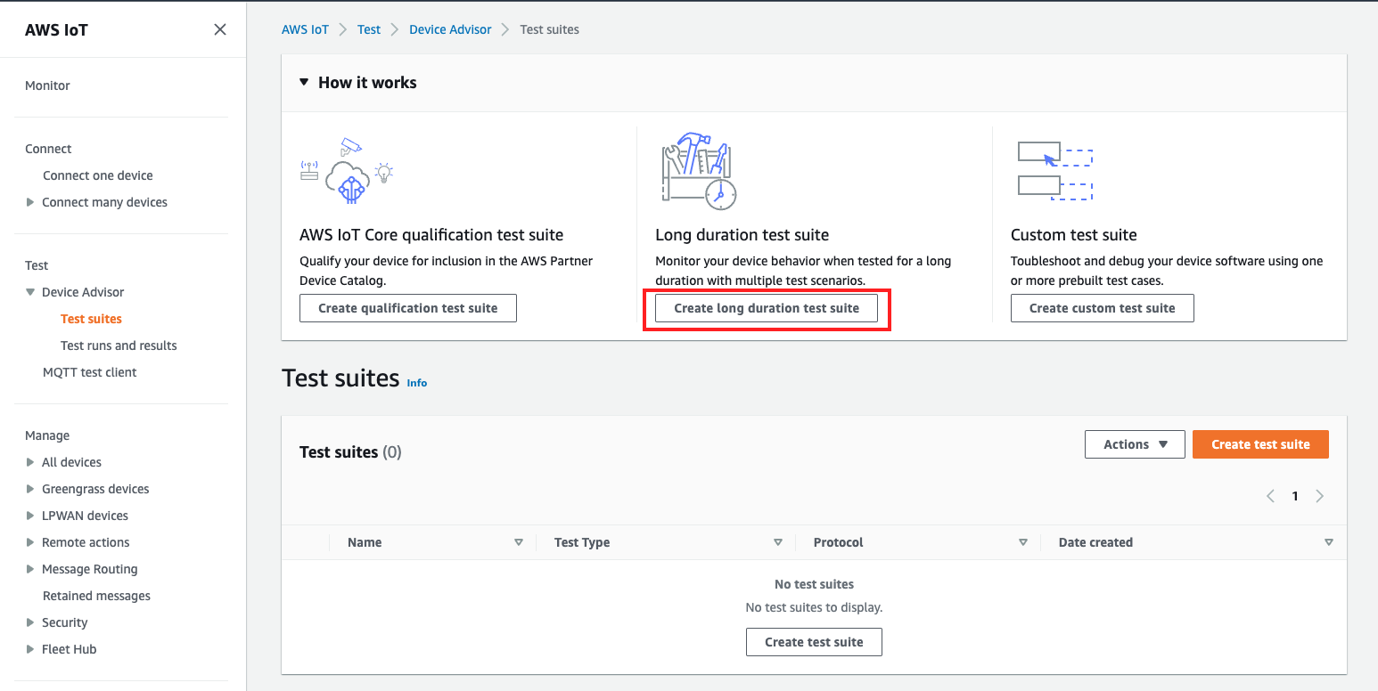 Device Advisor 콘솔의 장기 테스트 제품군 생성 섹션입니다.