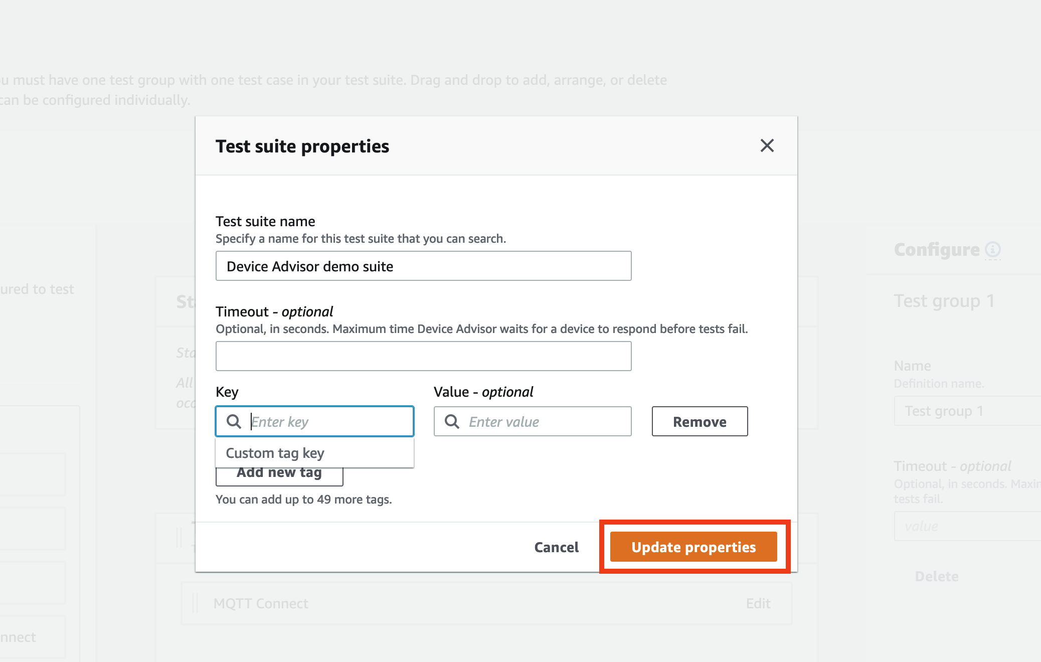 “테스트 스위트 속성”이라는 제목의 창에는 Device Advisor 데모 스위트의 테스트 스위트 이름, 제한 시간 및 사용자 지정 태그를 지정하는 필드가 표시됩니다.