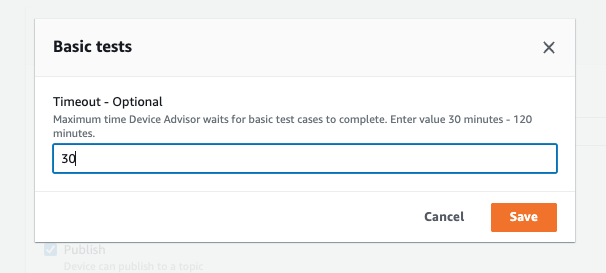 Device Advisor 콘솔의 ‘기본 테스트’에 대한 ‘시간 초과-선택 사항’ 상자입니다.