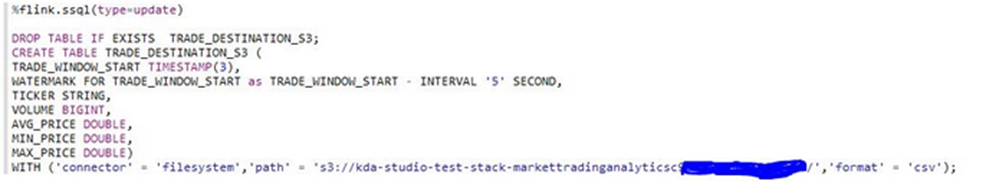 SQL code snippet creating a table with timestamp, ticker, volume, and price fields.