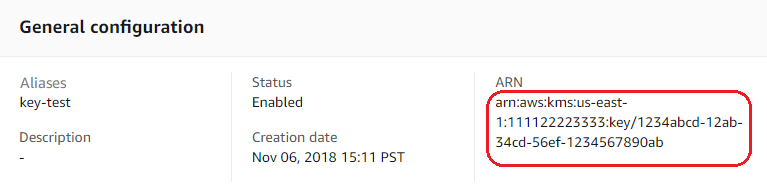 General configuration section showing key alias, status, and ARN details.