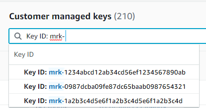 Search field and list of 고객 관리형 키 with IDs starting with "mrk-".