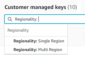 Regionality filter options for 고객 관리형 키: Single Region and Multi Region.