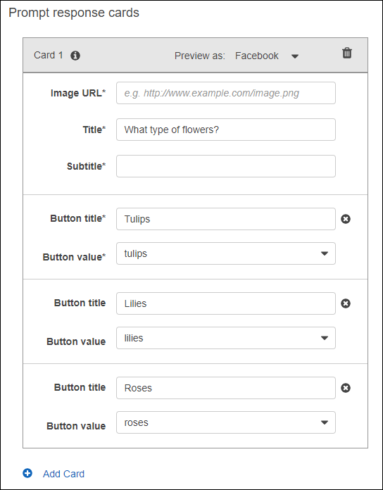첫 번째 응답 카드의 URL, 제목, 부제목 및 응답 카드에 있는 버튼 3개에 대한 제목 및 값.