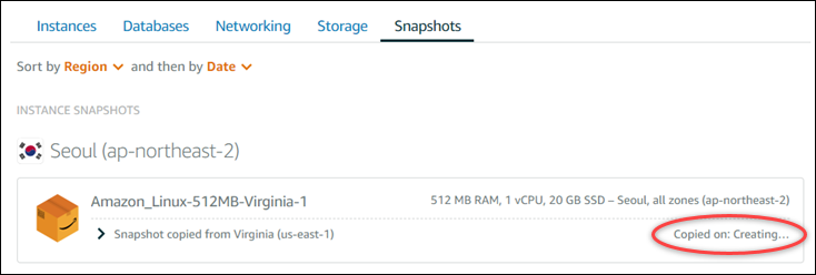 Amazon Lightsail 콘솔에서 스냅샷 복사본을 생성합니다.