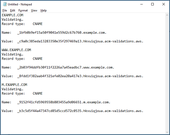 인증서 CNAME 레코드가 포함된 텍스트 파일.
