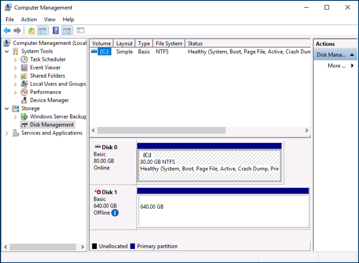 Windows 인스턴스 상의 Disk Management(디스크 관리).