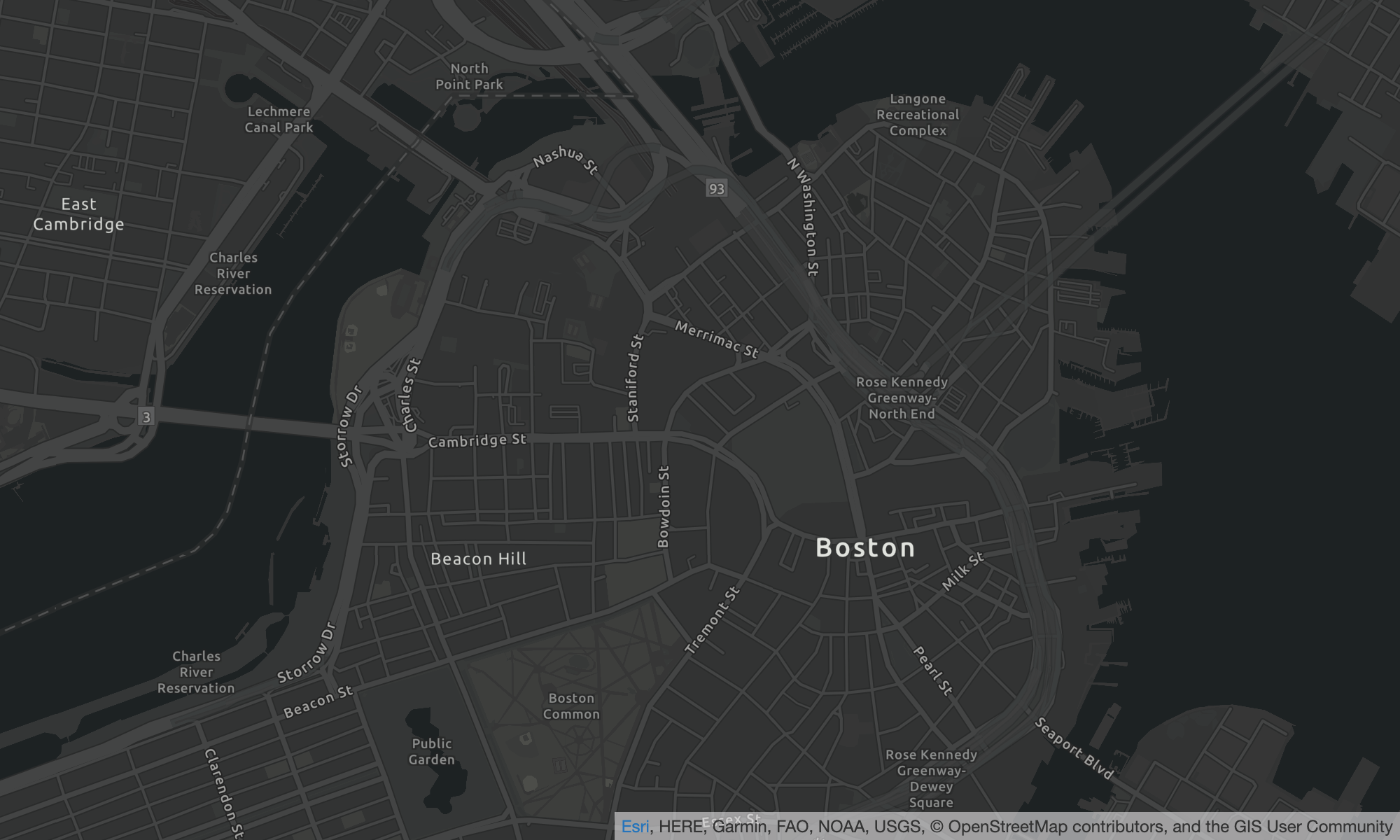 Dark-themed map of Boston showing streets, parks, and landmarks in grayscale.