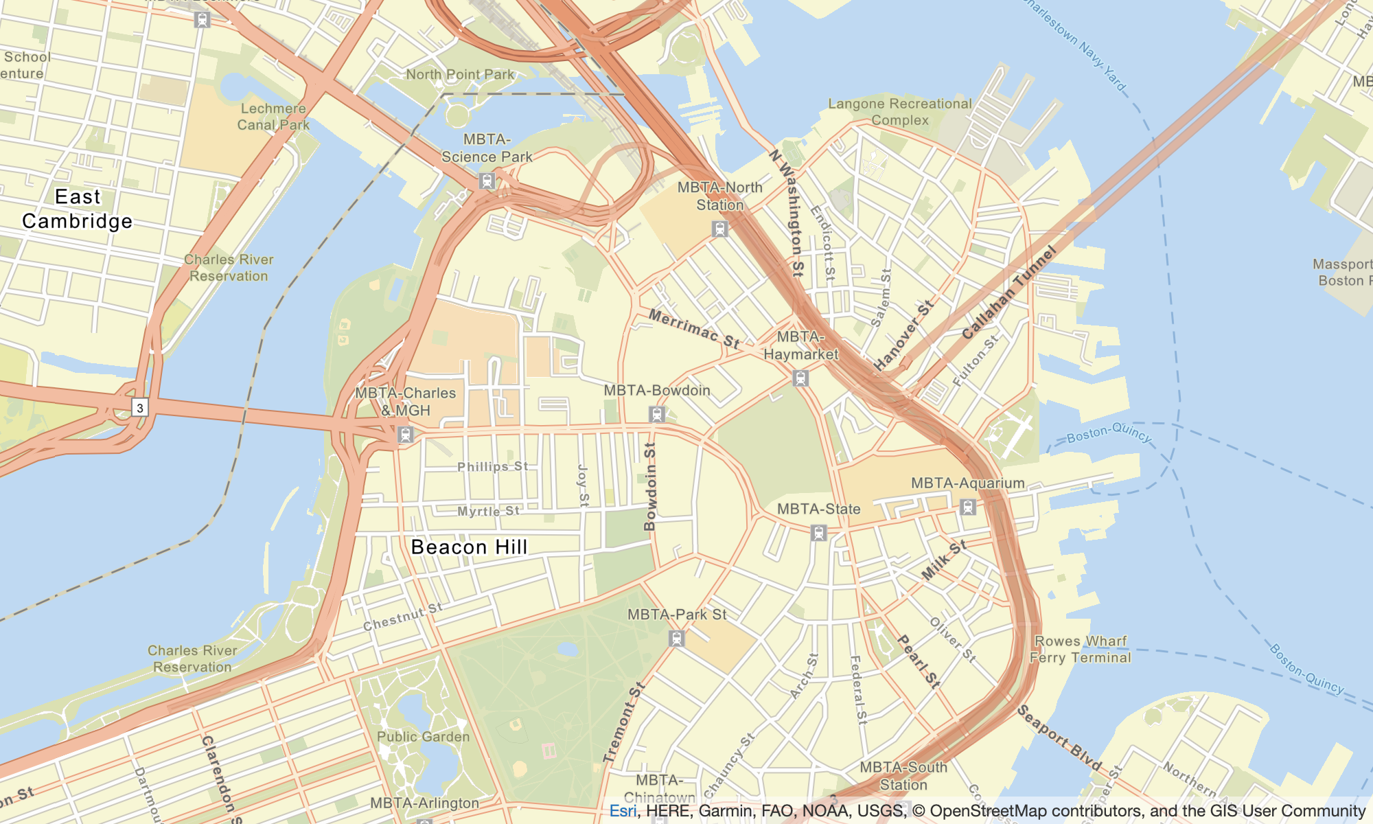 Map of Boston area showing East Cambridge, Beacon Hill, and MBTA stations along waterways.