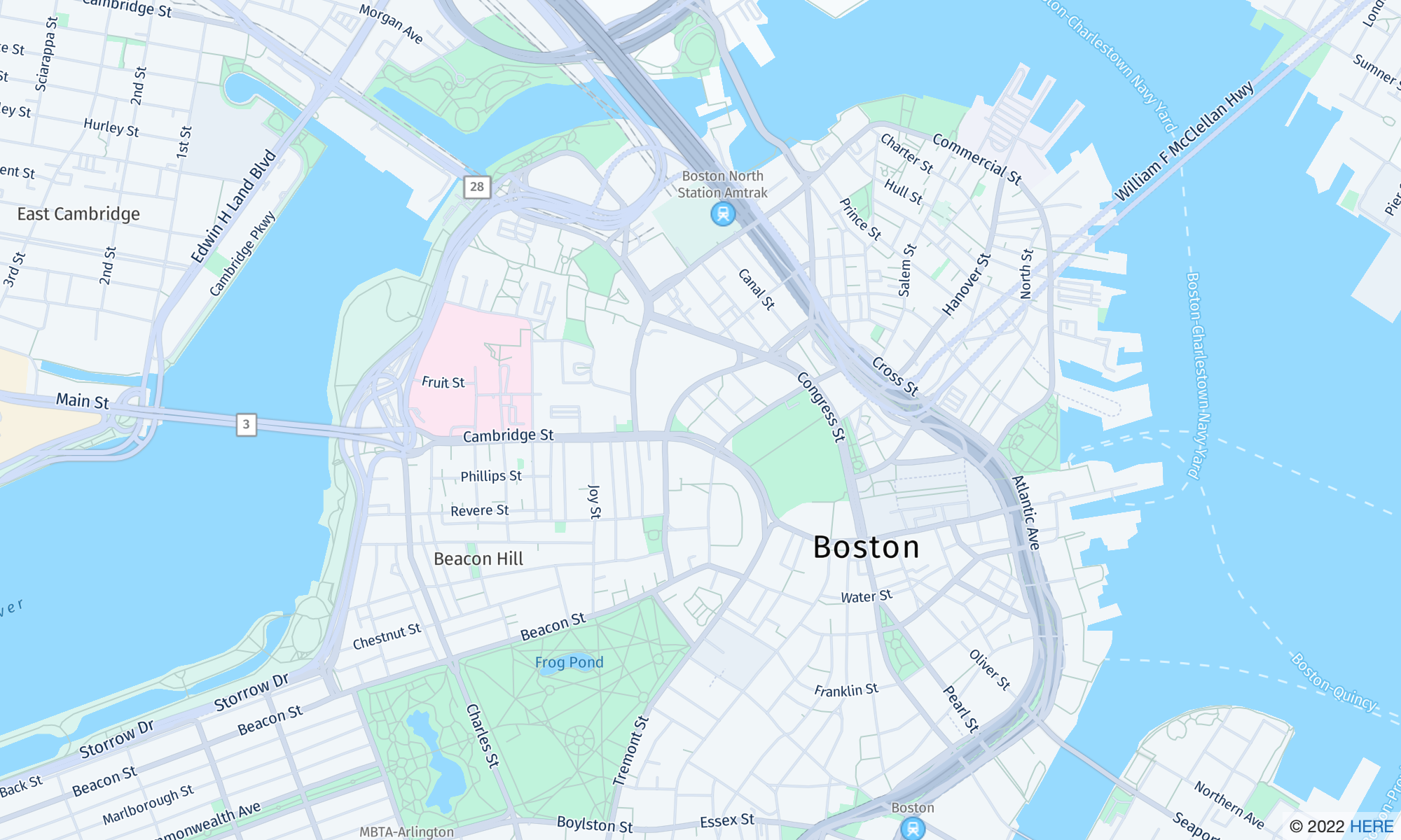 Map of downtown Boston showing streets, waterways, and landmarks such as Beacon Hill and Frog Pond.