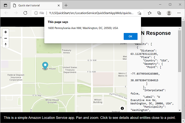 Map interface showing location details for 1600 Pennsylvania Ave NW, Washington, DC with JSON response.