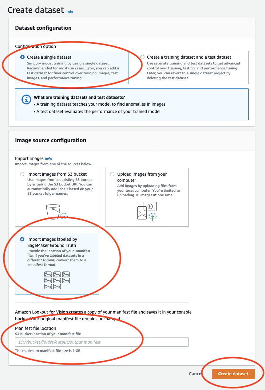 Dataset configuration options with single dataset creation selected and image import methods.