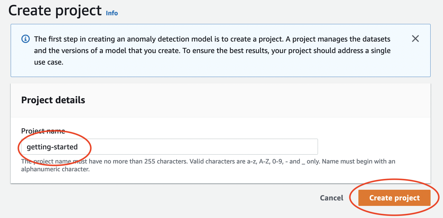 Project creation interface for anomaly detection model with project name input field.