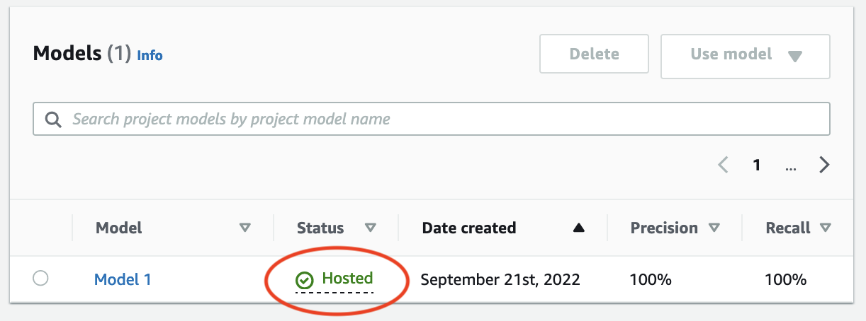 Model 1 with Hosted status, 100% precision and recall, created on September 21st, 2022.