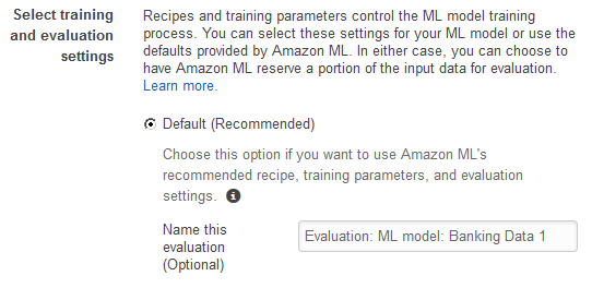 Select training and evaluation settings interface with Default option selected.