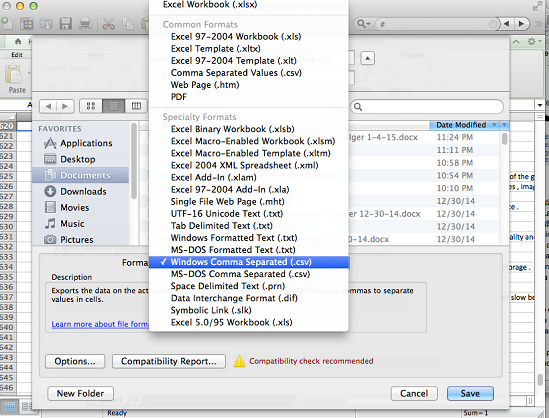 Excel file save dialog showing various file format options, including CSV and specialty formats.