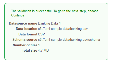 Validation success message with datasource details including name, location, and file information.