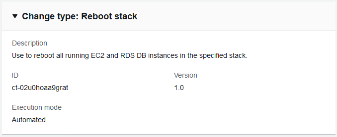 변경 사항 type details for "Reboot stack" including description, ID, version, and execution mode.