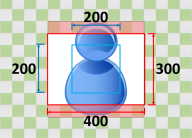 Blue figure icon with dimensions and sizing information overlaid on a checkered background.