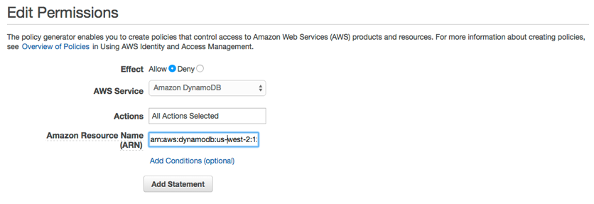 Edit Permissions page for Amazon DynamoDB with Allow effect and ARN input field.