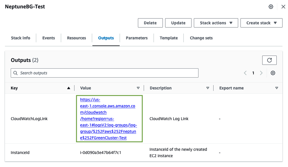 블루/그린 AWS CloudFormation 스택 출력 스크린샷