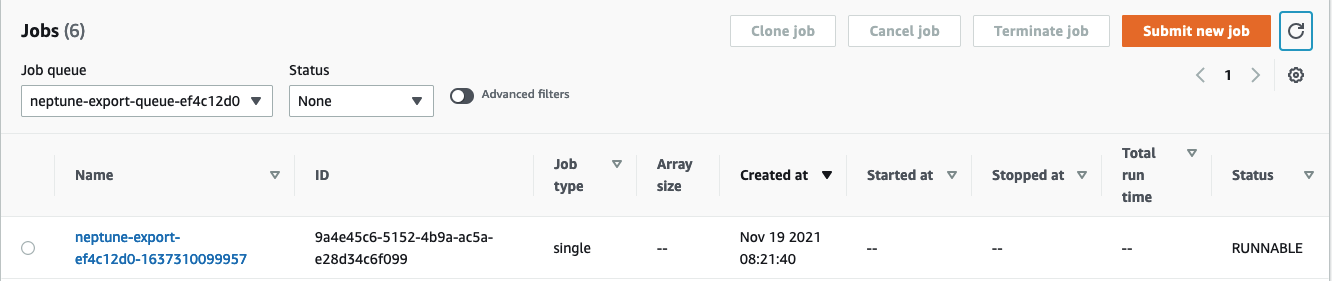 상태 확인 시 AWS Batch 콘솔 스크린샷