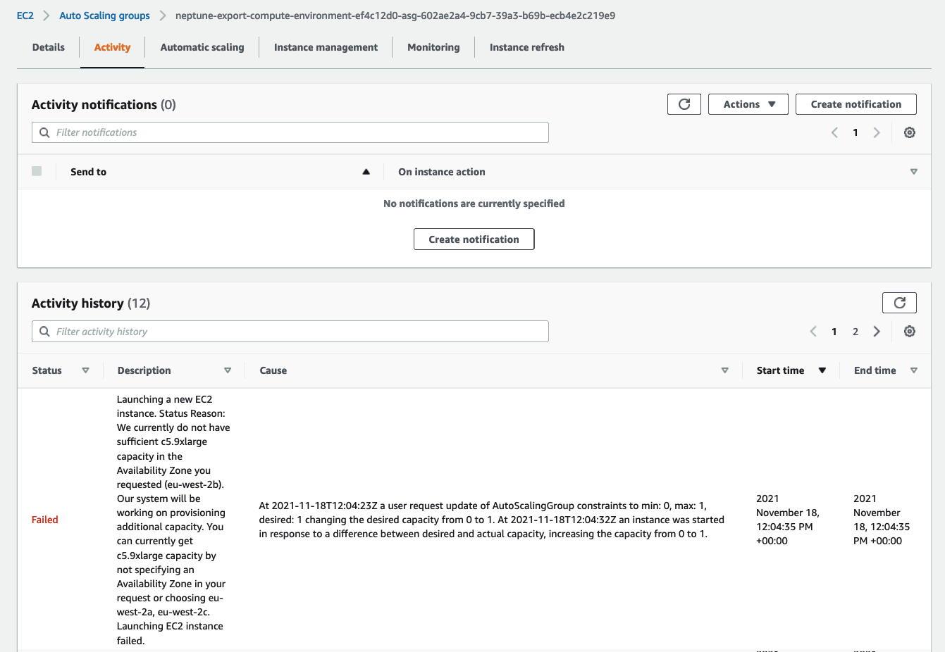 Auto Scaling 문제 확인 시 Amazon EC2 콘솔의 스크린샷