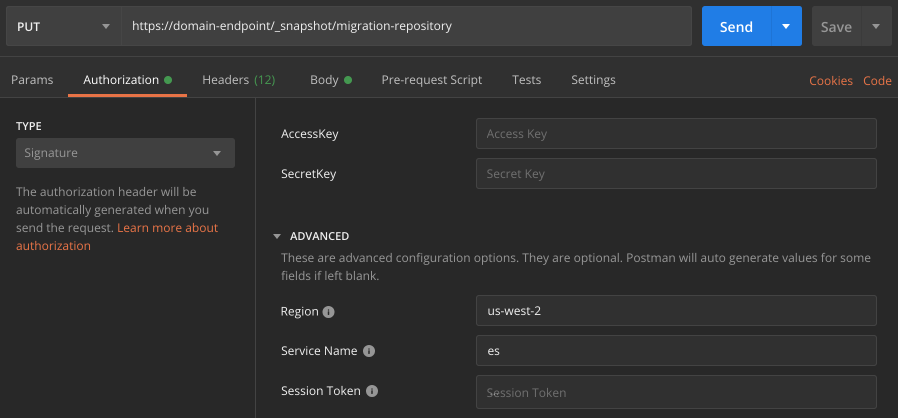 Postman interface showing Authorization settings for AWS API request with Signature type.