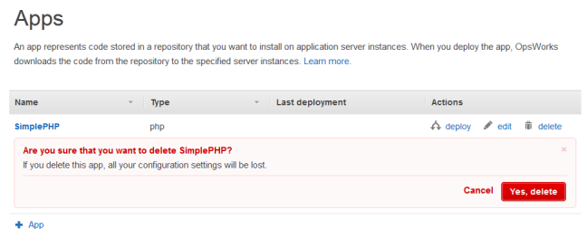 Apps page showing delete confirmation prompt for SimplePhp app with options to cancel or confirm.